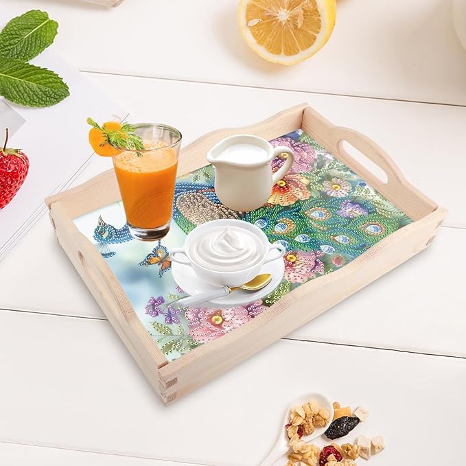 DIY Diamond Art Tray with Handle Diamond Art Painting Plate Creative Design Handmade Wooden Tray Mosaic Making Kits by Number Kits Diamond Art for Coffee Living Room Home Organizer (Peacock)