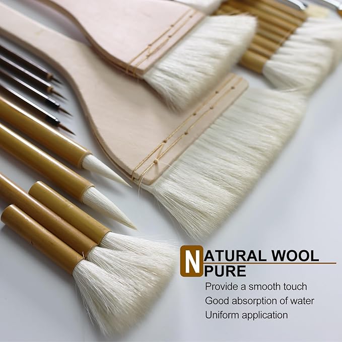 Pottery Brushes for Glazing, 15 Pcs Ceramic Brush Set With Storage Box, Wool Bamboon Hake for Pottery, Acrylic, Watercolor