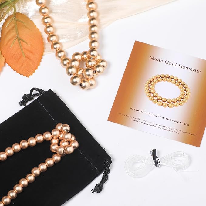 Stone Beads, 45pcs Matte Gold Hematite, 8mm Round Loose Beads for Jewelry Making, Bracelets, with Bag, String & Card