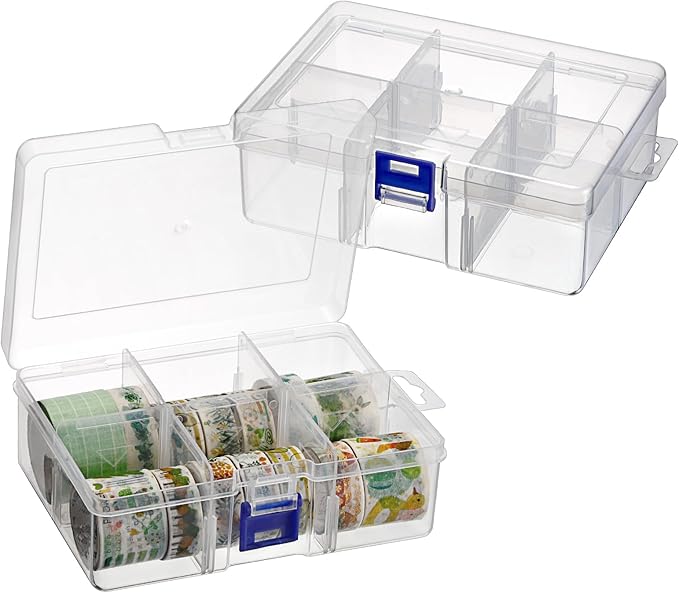 BTSKY 2 Pack Plastic Storage Box with 6-Compartment Grids, Washi Tape Organizer with Removable Dividers, Lightweight Clear Washi Tape Container Case for Storage Bead Jewelry Small Tool and Stamps