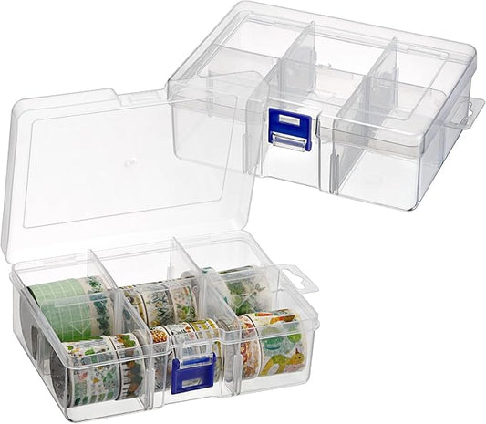 BTSKY 2 Pack Plastic Storage Box with 6-Compartment Grids, Washi Tape Organizer with Removable Dividers, Lightweight Clear Washi Tape Container Case for Storage Bead Jewelry Small Tool and Stamps