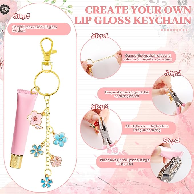 PYURTHITY 254 Pcs Flower Charms Lip Gloss Keychain Making Kit Include Colorful Floral Enamel Charms Keychain Clips Extender Chains Jump Ring Plier DIY Jewelry Crafts Gifts for Women Adults