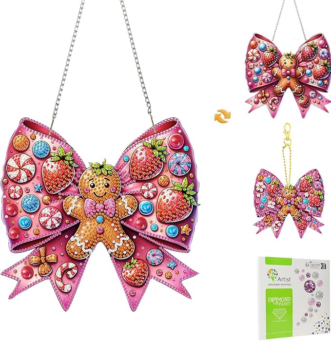 Masendp Adult Diamond Art Hanging Double Sided Kit, Special Shape Rhinestone Bow Gingerbread Man, DIY Acrylic 5D Diamond Art Painting Window Pendant Home Garden Wall Mounting Kit Hanging Ornament.