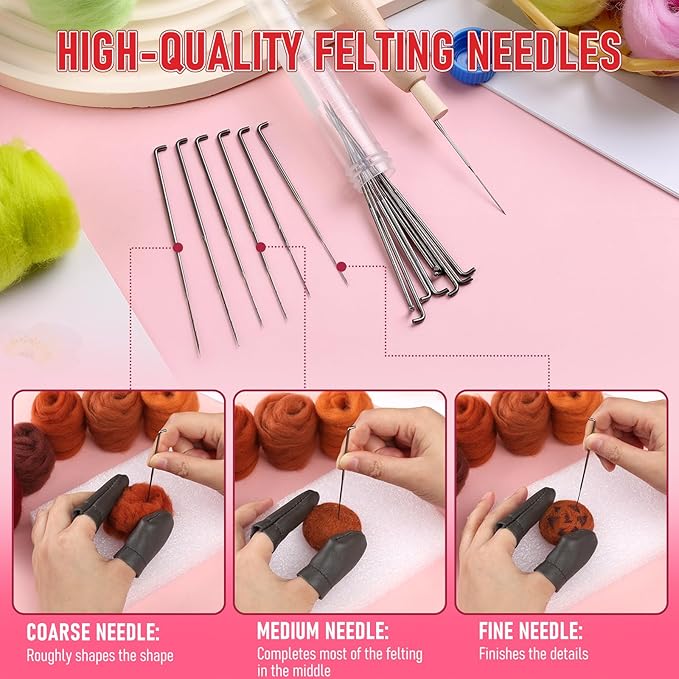 JUPEAN Needle Felting Kits, 60 Colors Wool Roving, Wool Felting Kit with Felting Needles, Foam Mat, Needle Felting Supplies
