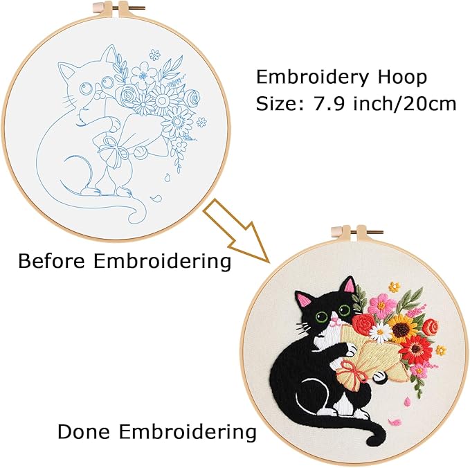 Nuberlic Black Cat Flowers Embroidery Kits for Beginners, DIY Cross Stitch Starter Craft Kits for Adults Including Cloth with Pattern, Hoop, Needles Instruction and Threads