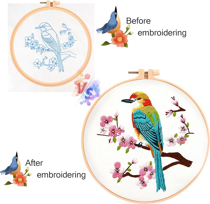MAMUNU Embroidery Kit for Beginners Adults, Cross Stitch Kits, Stamped Cross Stitch Kits, Hummingbird and Flower Embroidery Kit with Printed Embroidery Cloth, Embroidery Hoop, Color Threads and Tools