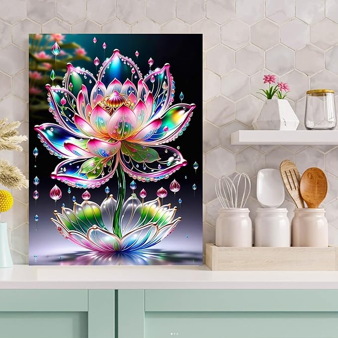 Lotus Diamond Painting Kits for Adults Beginners - Lotus Flowers Diamond Art Kits for Adults, Full Drill DIY 5D Diamond Painting Flowers Gem Art Crafts Kits for Home Wall Decor 12x16 in