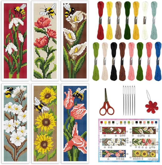 INFUNLY 6pcs DIY Tulips Cross Stitch Bookmark Kits for Adults Beginner 2.99''×8.54'' Calla Stamped Embroidery Bookmark Kit with Instruction Daisy Freesia Embroidery Bookmark Set for Book Lovers