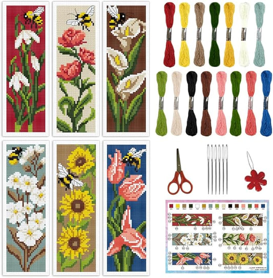 INFUNLY 6pcs DIY Tulips Cross Stitch Bookmark Kits for Adults Beginner 2.99''×8.54'' Calla Stamped Embroidery Bookmark Kit with Instruction Daisy Freesia Embroidery Bookmark Set for Book Lovers