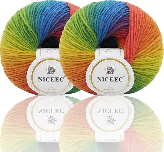 2 Skeins Rainbow Soft Yarn 100% Wool Gradient Multi Color Yarn for Crocheting Knit Total Length 180m×2(196yds×2,50g×2)-11