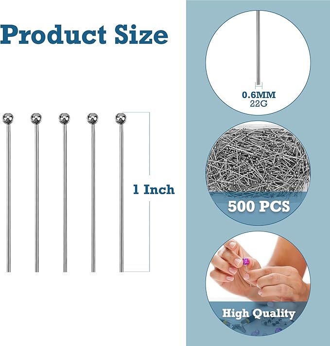 Mandala Crafts 1 Inch Gunmetal Ball Head Pins for Jewelry Making Earring Making Supplies - 500 Jewelry Findings for Making Earrings DIY Bracelets Rosary Charms