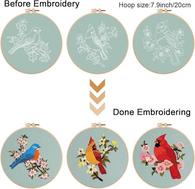 Louise Maelys 3 Sets Bird Embroidery Kits for Beginners,Adults Starter Flower Pattern Cross Stitch Kit DIY Needlepoint Kits with Embroidery Instructions