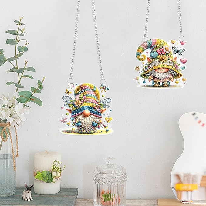 JISHSHAY Diamond Painting Pendant Gnome Wind Chimes Special Shaped Art Suncatchers Keychain Hanging Kit - 2 PCS
