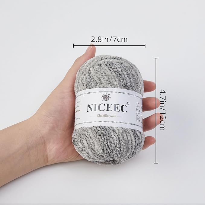 NICEEC 3 Skeins Soft Chenille Yarn Blanket Yarn for Knitting Fancy Yarn for Crochet Weaving DIY Craft Total Length 3×85m (3×93yds, 3×50g)_Overcast Gray
