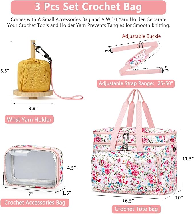 IBFUN 3PCS Crochet Bag with Wrist Yarn Holder, Large Yarn Storage Tote Waterproof Knitting Bag Organizer with Adjustable Strap for Hooks, Needles (Up to 14"), Accessories, Crochet Lovers, Tangle-Free