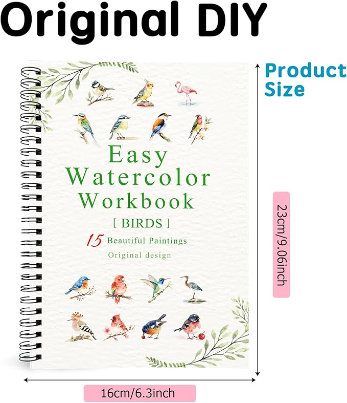 SLWBZ Watercolor Workbook Birds, 15 Different Patterns of Original DIY Designs, Beginner-Friendly Watercolor Workbooks, (Birds, Without Palette)