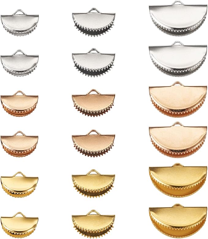 Pandahall 180Pcs Ribbon Crimp Ends 3 Sizes Half Round Bookmark Pinch Crimp Clamp End Findings Cord for Jewelry Making