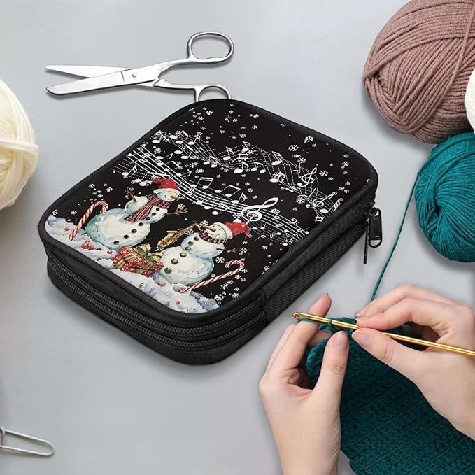 Hechitok Christmas Snowman Music Empty Crochet Hook Case Portable Travel Crochet Storage Bag Organizer Zipper Bags with Web Pocket and Crochet Holder Slots for Crochet Knitting Accessories