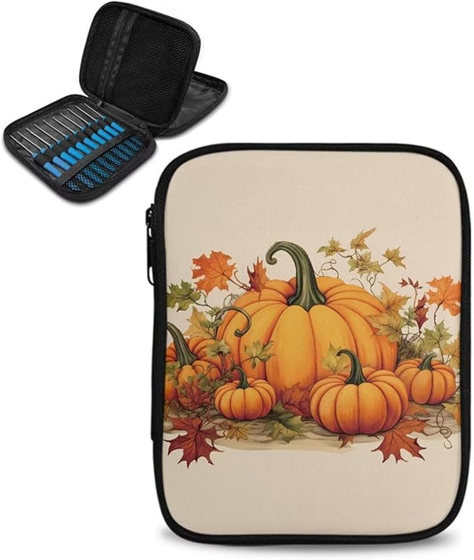 Hechitok Pumpkin Maple Leaf Crochet Hooks Case Zipper Bags Portable Crochet Storage Bag with Web Pocket and Crochet Holder Slots for Carrying Crochets Needles