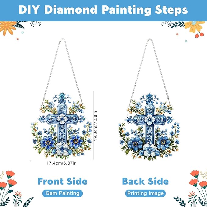 NAIMOER Cross Flowers Diamond Art Hanging Kits for Adults, 5D Special Shaped Rhinestone, DIY Acrylic Spring Diamond Art Painting Window Pendants Home Garden Wall Hanging Ornament Kits, Double Sided