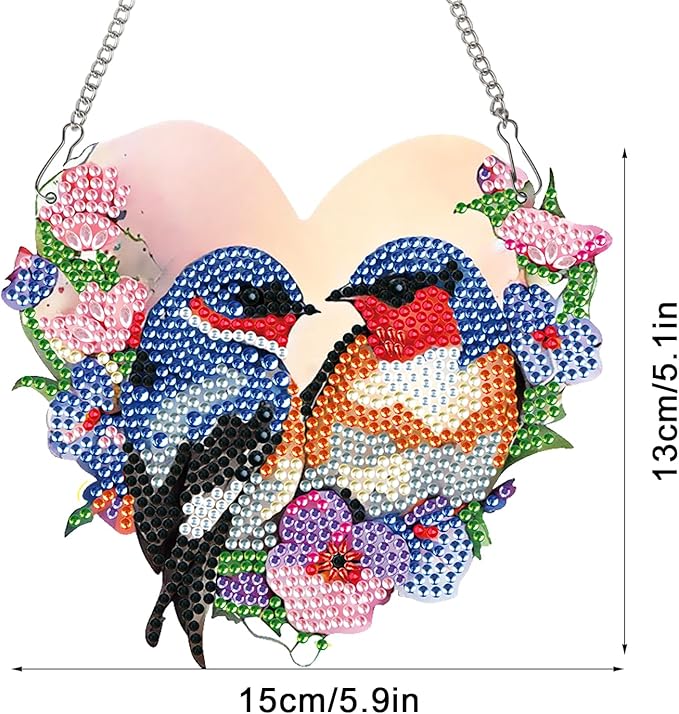 Diamond Art Painting Hanging Kit for Adults, Heart-Shaped Romantic Love Birds DIY Diamond Painting Acrylic Ornament, Diamond Art Pendant Window Suncatcher Wall Door Home Decor