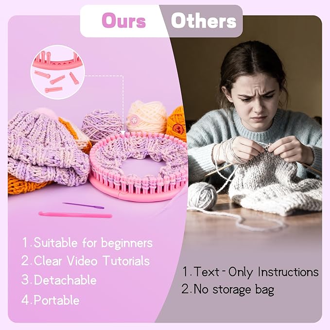 Knitting Loom Craft Kit for Kids & Beginners - Create Hat & Scraf with Yarn, Hook Needle, Ideal Birthday Christmas Gifts for Teens Girls Age 6-8 8-12 14+, Pink Loom