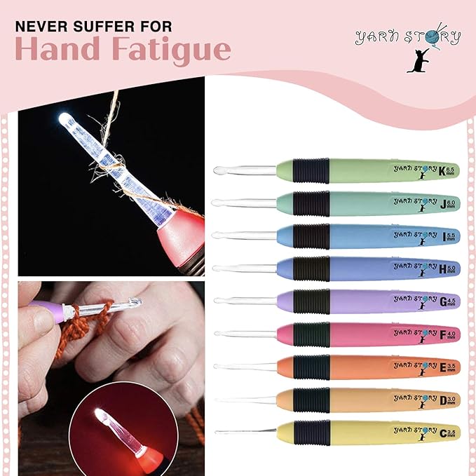 Yarn Story™ Light Up Crochet Hook Set 9/pkg - 9 Pcs Lighted Crochet Hooks Complete Set with 9 Extra Batteries - LED Lighted Crochet Hook Kit - Lite Crochet Set Sizes 2.5 to 6.5mm (Red with Batteries)
