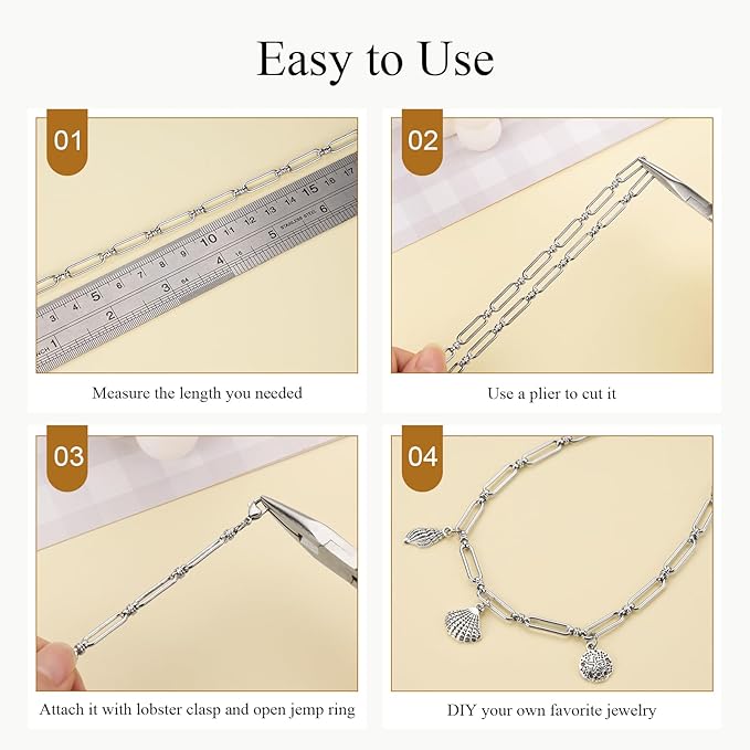 Jabogrii 6.5 Feet Silver Paperclip Chain for Jewelry Making DIY Craft Stainless Steel Jewelry Making Chains Spool Bulk