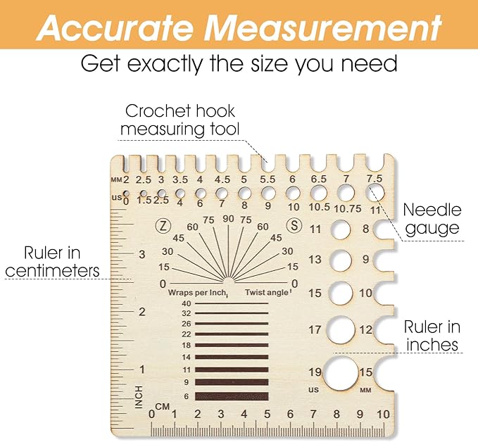 XLIUAX Wooden Rulers, Crochet Stitch Counter Spinner Yarn Measure Needle Gauge Swatch Ruler for Knitting Crochet Gauge Measuring Tool Poplar Square Measuring Tool Multi-Size Holes for Needles (C)