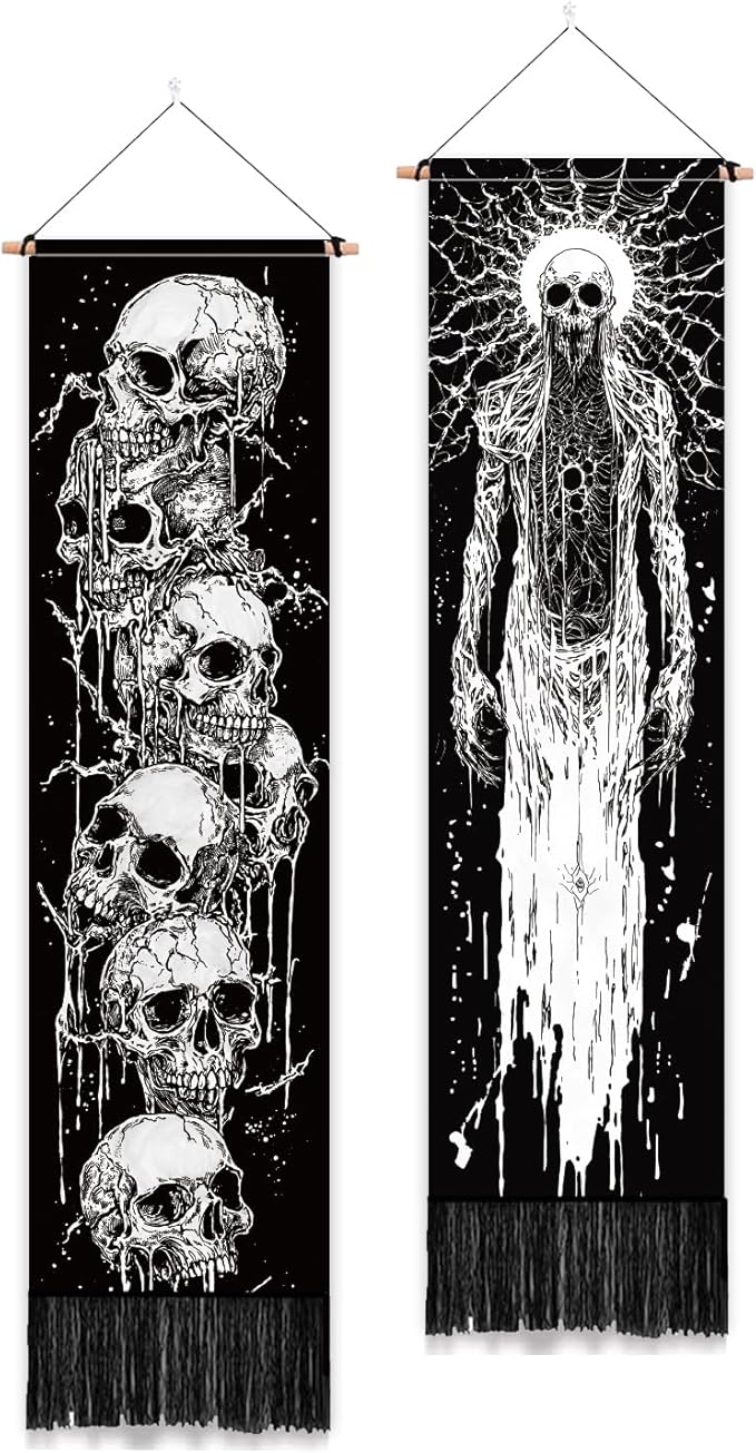 PLIGREAT 2 Pack Skeleton Tapestry with Tassels, 52" x 13" Black and White Aesthetic Wall Hanging Goth Style Vertical Home Art Tapestry for Bedroom Living Room Long Narrow Wall Hanging Art Decor