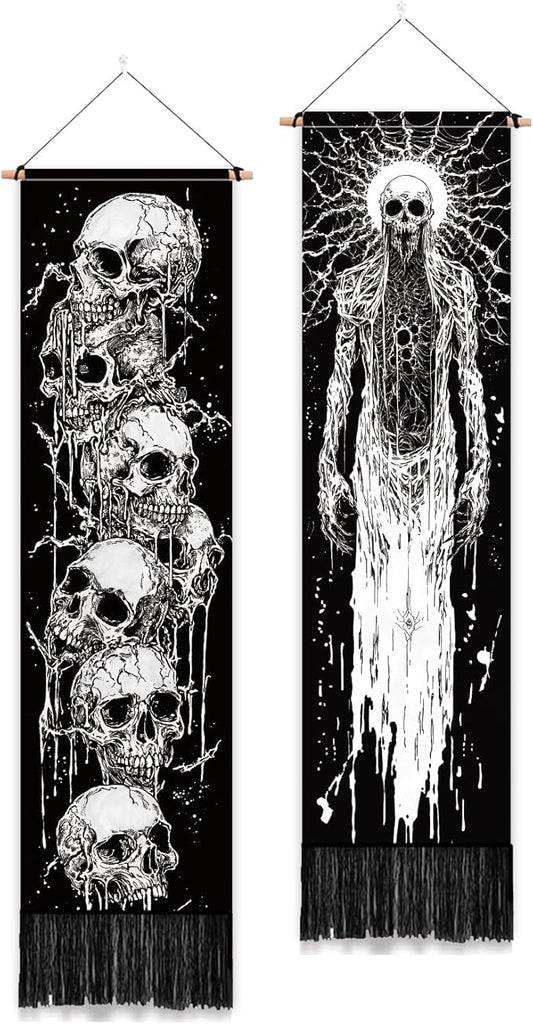 PLIGREAT 2 Pack Skeleton Tapestry with Tassels, 52" x 13" Black and White Aesthetic Wall Hanging Goth Style Vertical Home Art Tapestry for Bedroom Living Room Long Narrow Wall Hanging Art Decor