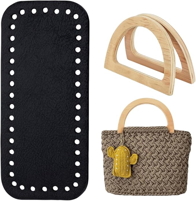 PH PandaHall Crochet Bag Making Kit, 7x3 inch PU Leather Bag Bottom Black Cushion Pad with 2pcs 4.7x3.3 inch D Shape Wooden Purse Handles for DIY Knitting Bags Handbag Shoulder Bags Making