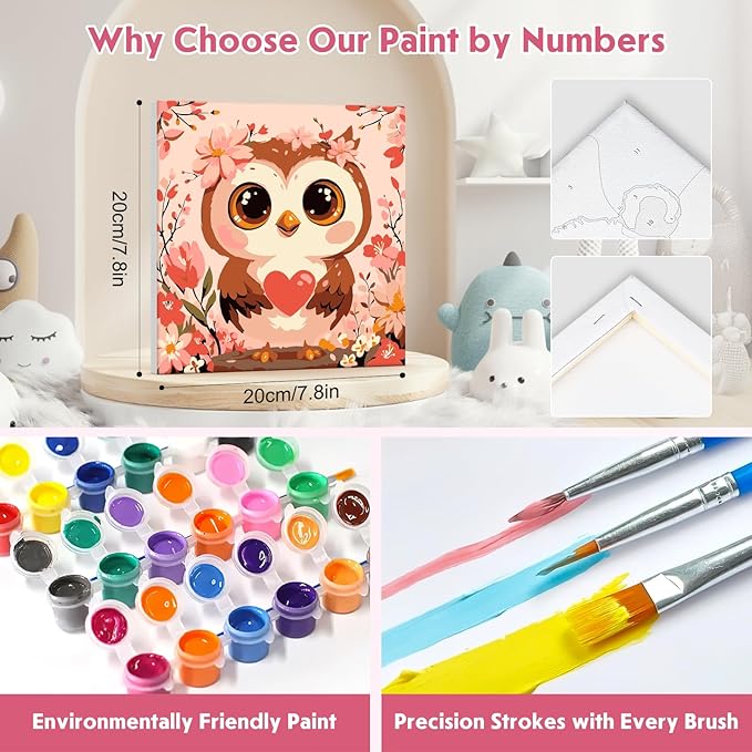 4 Pack Paint by Number for Kids with Wooden Frame, Cute Crab, Pretty Owl, Lion, Octopus Paint by Numbers for Kids Ages 8-12, Cartoon, DIY Acrylic Oil Painting Beginners for Home Wall Decor 8X8 inch