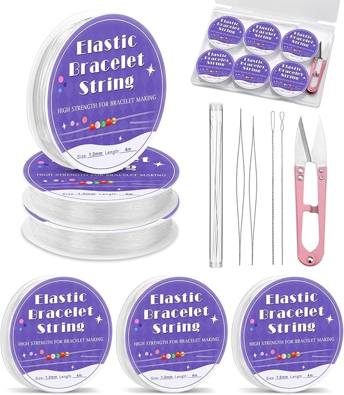 UOOU 6 Rolls Elastic String for Bracelets, 1mm Clear Stretchy Bracelet String with Beading Needles, Friendship Bracelet String for Jewelry Making Supplies