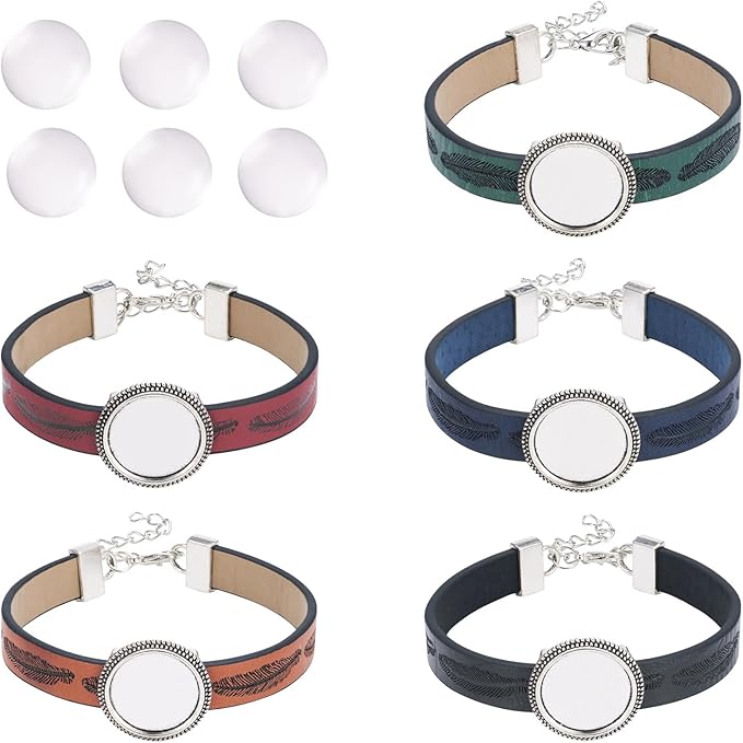 FASHEWELRY 5Pcs PU Leather Cord Bracelet with Glass Cabochons for Jewelry Making - 23mm Round, Adjustable, Feather Print Blank Tray Bracelet Band Settings (5 Colors)