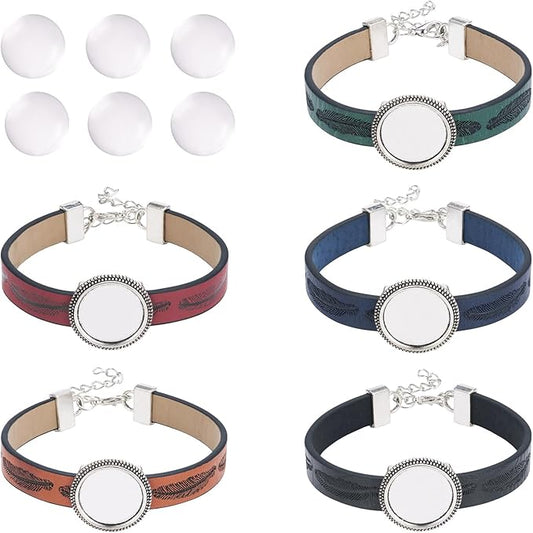FASHEWELRY 5Pcs PU Leather Cord Bracelet with Glass Cabochons for Jewelry Making - 23mm Round, Adjustable, Feather Print Blank Tray Bracelet Band Settings (5 Colors)