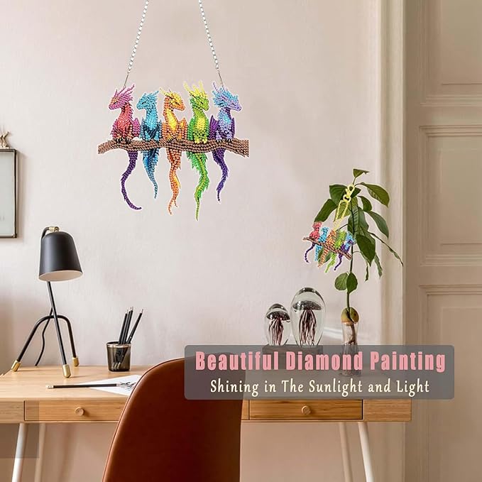 Masendp Dragon Diamond Painting Hanging Decoration Kit, DIY Special-Shaped Rhinestone Window Hanging Kit, Suitable for Home and Garden Wall Decoration Gifts