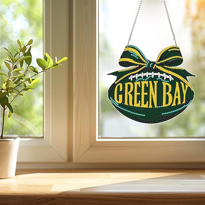 Rertcioph Football Diamond Art Hanging Kit for Adults, DIY Acrylic 5D Diamond Painting Hanging Ornament for Green Bay Home Wall Decor and Gift