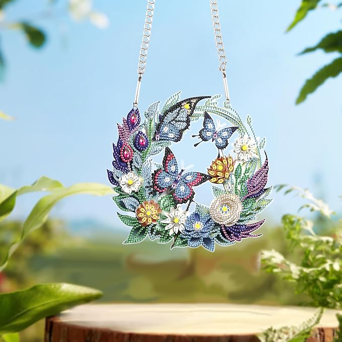 Flower Birdcage Design DIY Diamond Art Painting Wreath Kits Special Shaped Rhinestone Diamond Art Window Pendants Home Garden Wall Hanging Kits (Single Side Point Drill) (#11-Cat) (#12-Butterfly)