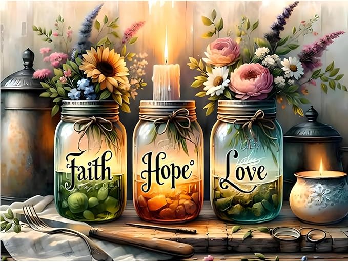 fotasmua cross stitch kits for adults - faith, hope, love wishing bottle stamped cross stitching ornament kits for beginners, counted embroidery needlepoint kit home decor 12 x 16 inch
