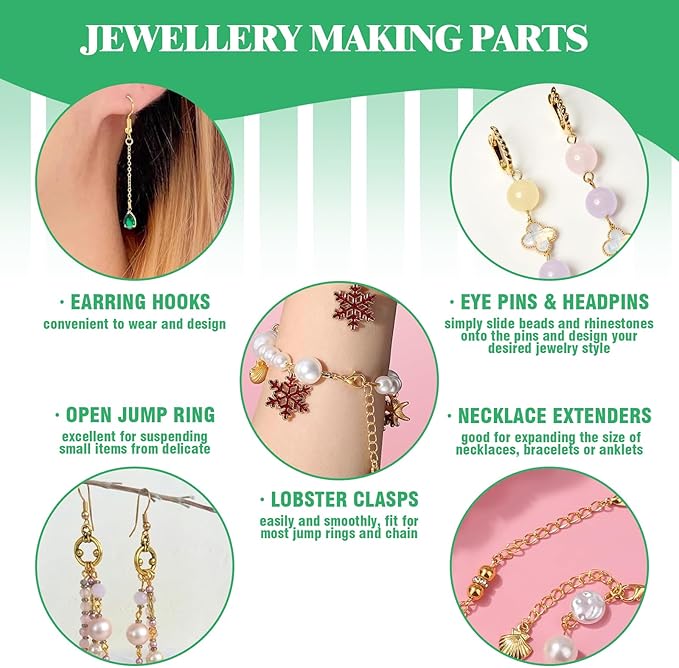 Yauhar 1166Pcs Jewelry Making Supplies Kit Contains Silver & Gold Earring Findings, Lobster Claw Clasps, Necklace Extender Chain, Beading Wire and Jewelry Pliers for DIY and Repair