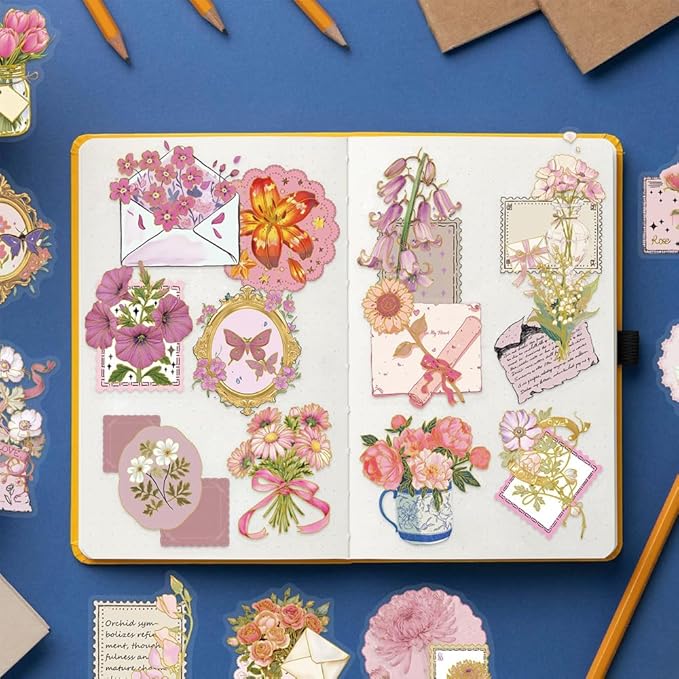 50Pcs Waterproof Vintage Stickers,Scrapbooking Supplies Kit,Aesthetic Decorative Craft Sticker for Planner, Bullet Journaling, Junk Journal, Water Bottles, Laptop, Retro Craft.Flowers