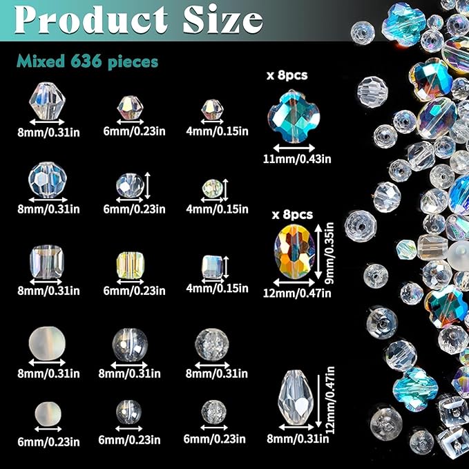 636pcs glass beads for jewelry making, assorted crystal beads with loose beads for bracelet earring necklace suncatchers diy crafts jewelry making valentine's day birthday gift, ab color
