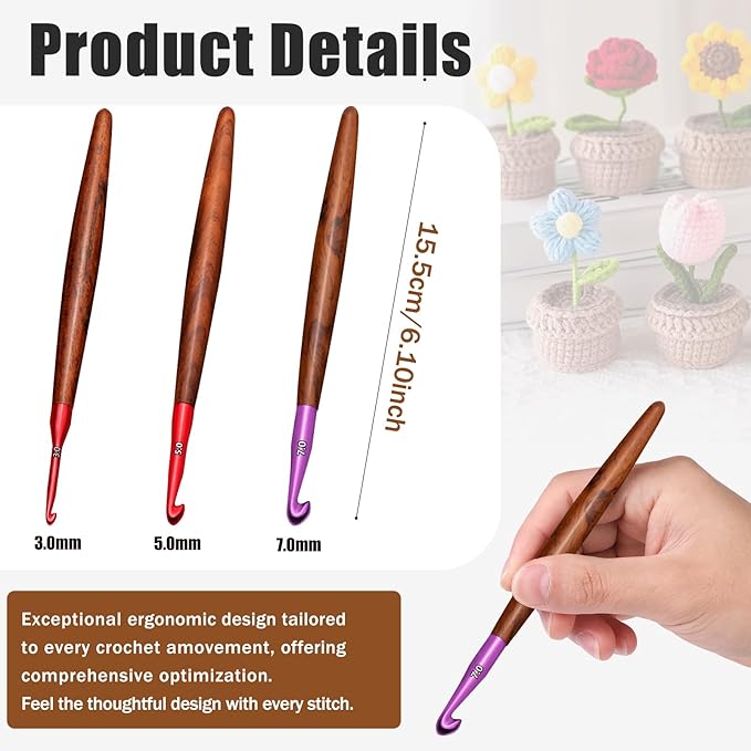 Giwrmu Crochet Hooks Set, Ergonomic Crochet Hooks 3 Pcs, Colored Aluminum Crochet Hook with Wooden Handle for Arthritic Hands Knitted Dolls, Gloves, Sweaters, Blankets - 3.0mm/5.0mm/7.0mm