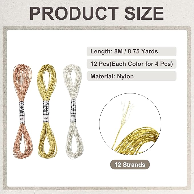 PATIKIL 12 Skeins Embroidery Floss, Metallic Embroidery Thread Nylon Threads Bracelets String for Cross-Stitch Hand Embroidery, Bronze/Silver/Light Gold
