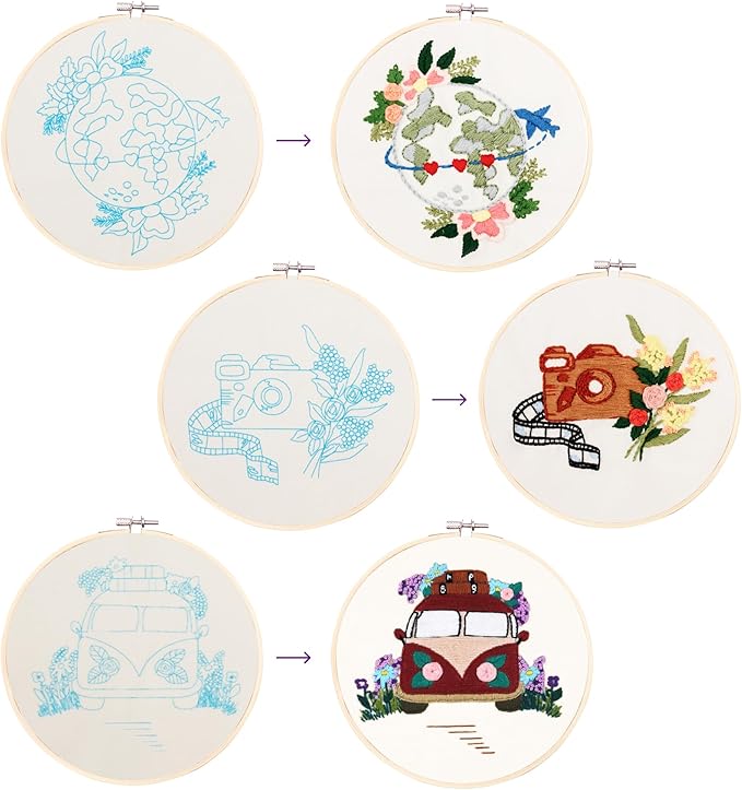 Looples Embroidery Kit for Beginners and Adults with Video Tutorials - Complete Embroidery Starter Kit with 3 Stamped Floral Patterns, Hoops, Threads, Needles, and Instructions (Car, Globe and Camera)