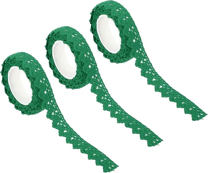 PATIKIL 0.6" Wide 2 Yards Self-Adhesive Lace Tape Lace Ribbon, 3 Pack Cotton Washi Trim Stickers Masking for Craft Scrapbooking DIY Card Making, Dark Green
