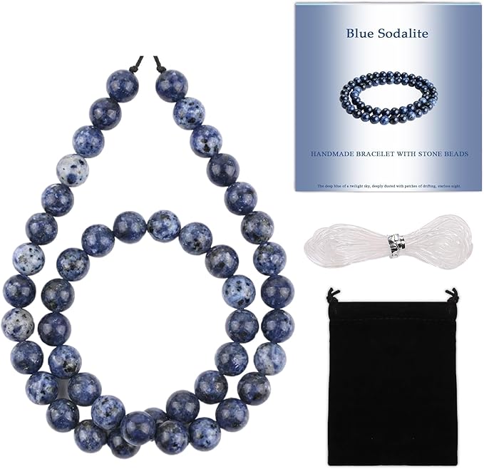 Stone Beads, 45pcs Blue Sodalite, 8mm Round Loose Beads for Jewelry Making, Bracelets, with Bag, String & Card
