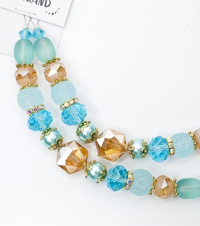 Glass Beads for Bracelets Jewelry Making Adults Keychains Bead Strand Large Unique Crystal Assortment for Craft Rondelle Faceted Flat Crackle Sparkly Bling Cute Pretty Beading Kit (2-pcs Aqua)