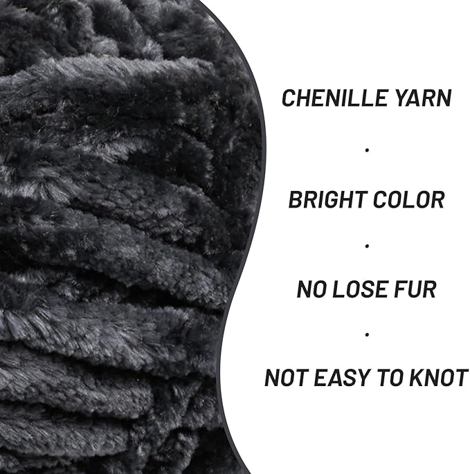 Fuzzy Chunky Chenille Yarn for Crocheting，Soft Plush Yarns for Hand Knitting，Bulky 3x100g（3x49.2 yd） Baby Blanket Yarn for Crocheting Amigurumi，Crochet Fluffy Velvet Yarns (3 Carbon Gray)